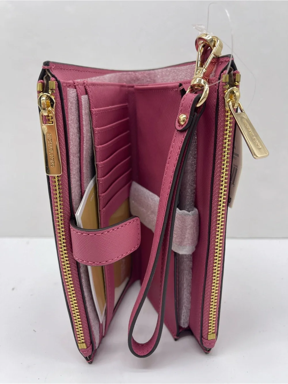 MICHAEL KORS JST Lg Double Zip Leather Wristlet Wallet Phone Holder Rosewood NWT